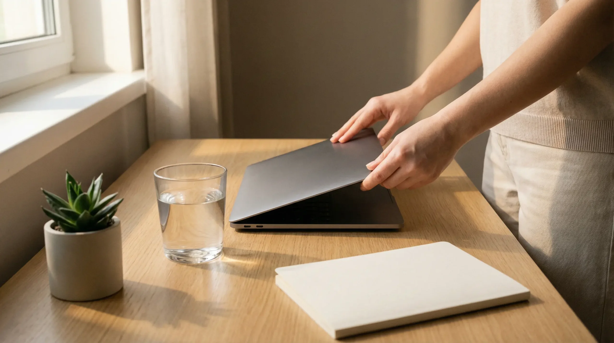 Persona che chiude serenamente un laptop su una scrivania ordinata, simbolo di controllo e consapevolezza