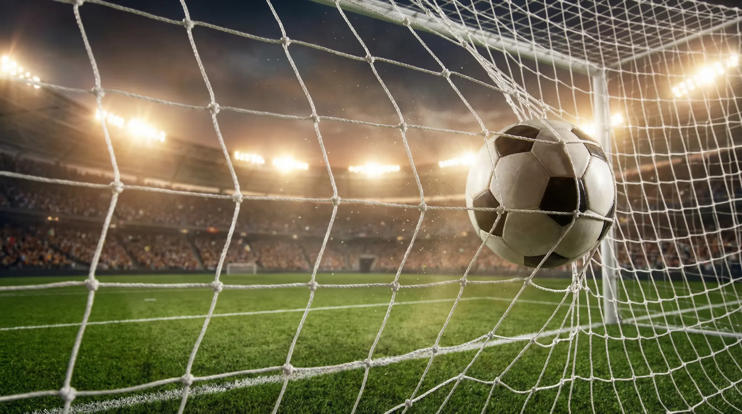 Rete di una porta da calcio vista da dietro con il pallone che entra durante una partita di Serie A