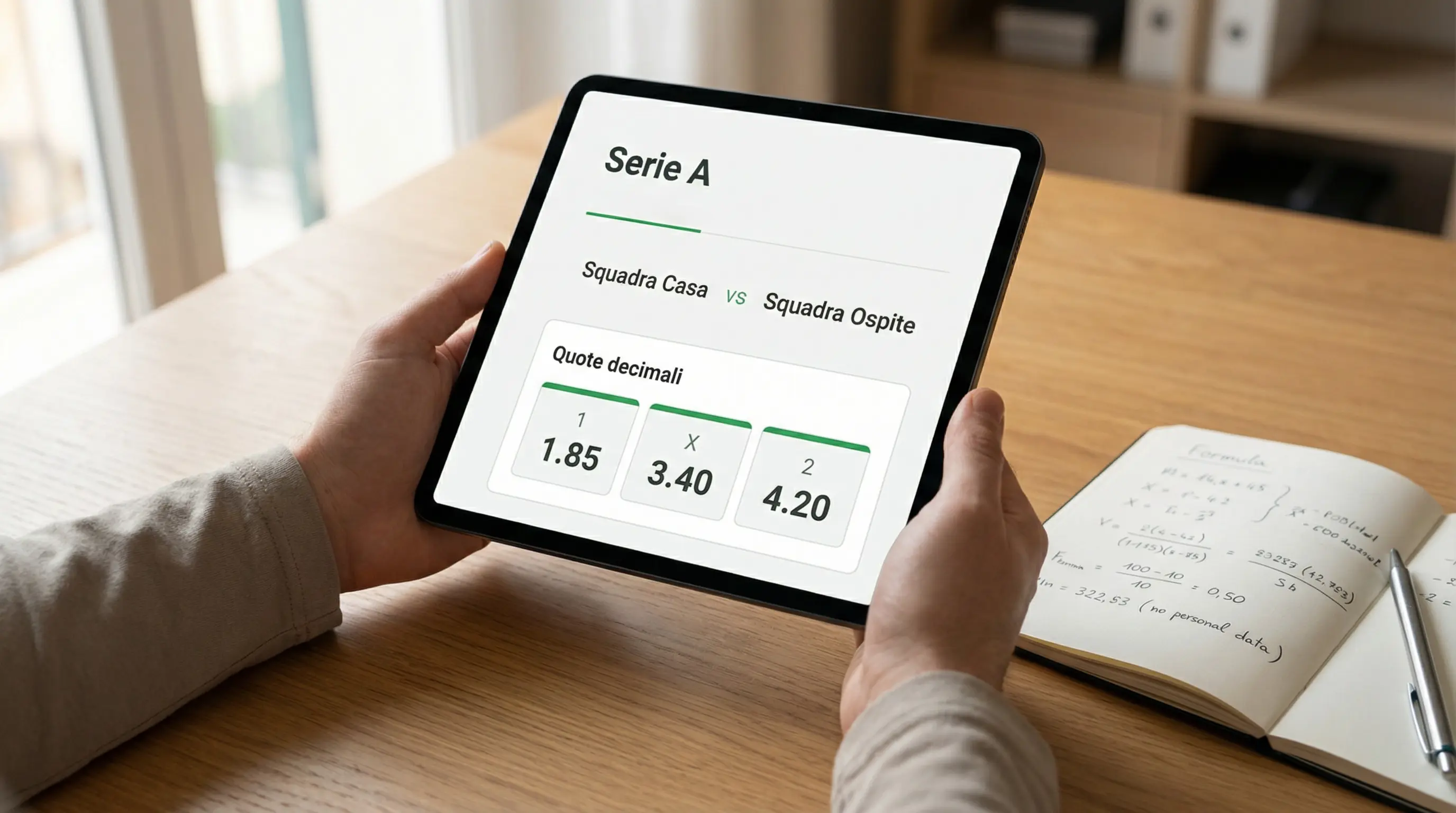 Tabellone con quote decimali di una partita di Serie A e calcolo della probabilita implicita