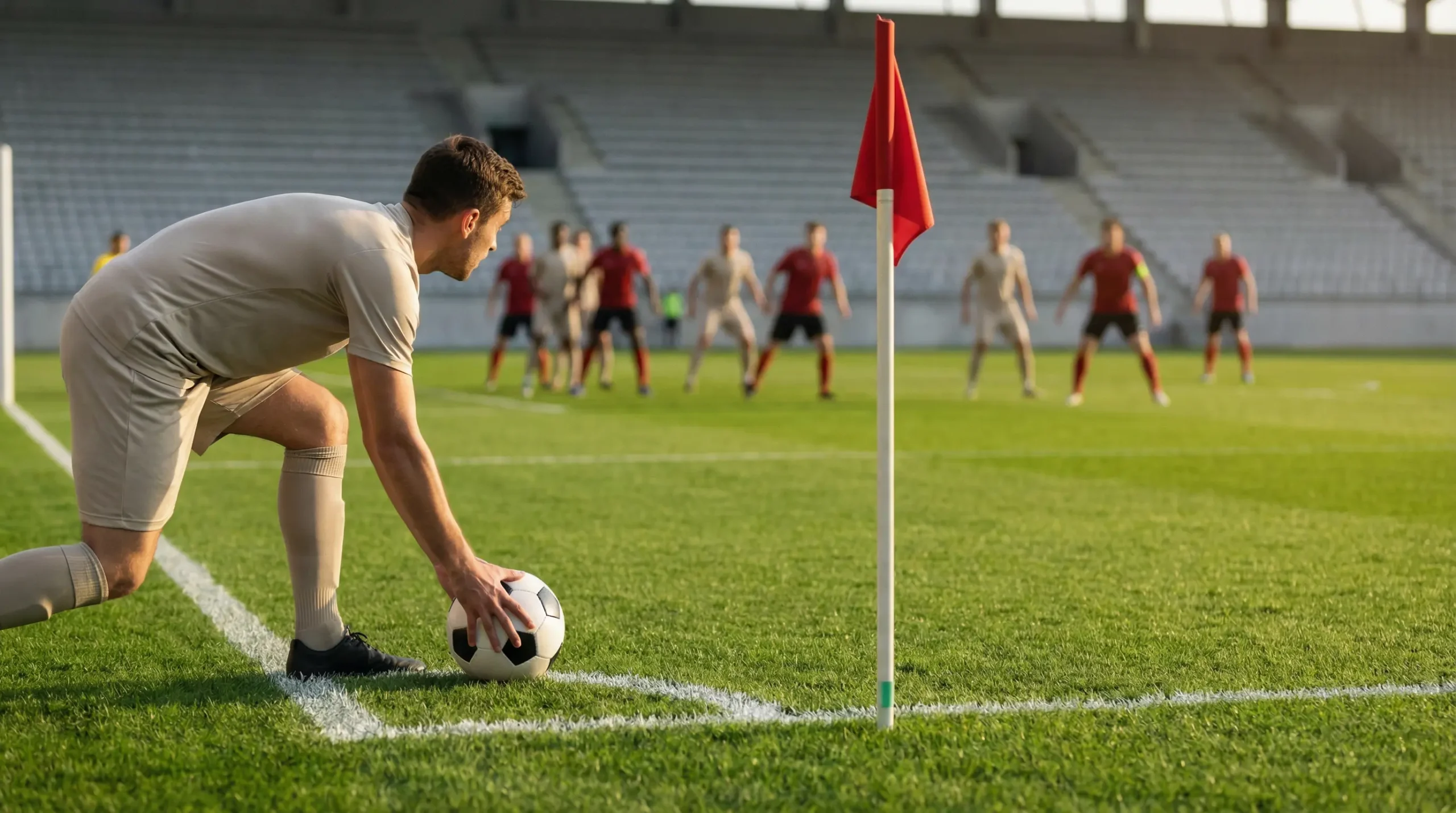 Calciatore che posiziona il pallone nell'angolo del campo per battere un calcio d'angolo durante una partita
